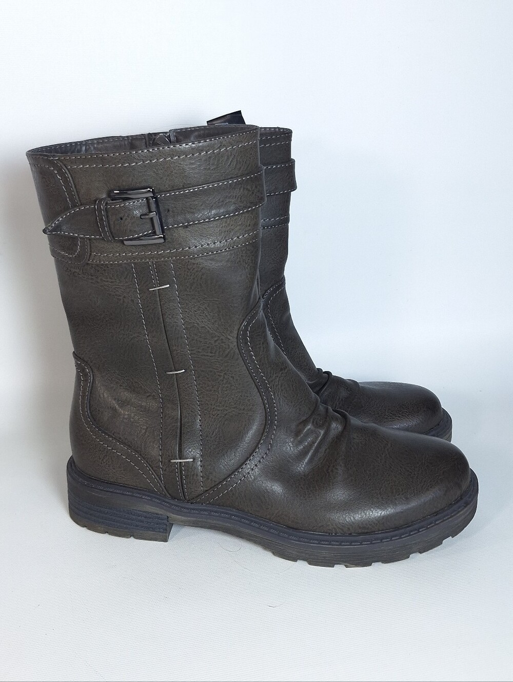 Tender Tootsies Women's Gray Mid-Calf Boots Moto Style Buckle Strap Accent, 8